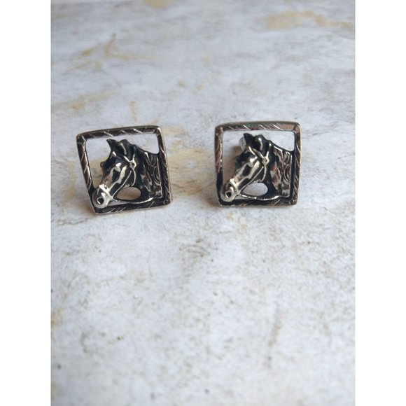 Vintage Square Frame Horse Cuff Links Silver Tone - Picture 2 of 4